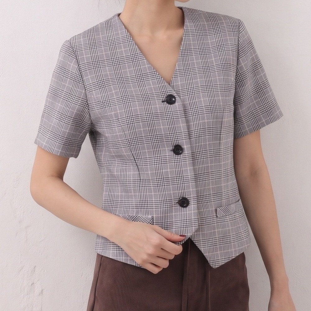 Sweet Suit Grey Plaid Short Sleeve Blazer Top V-Neck Size 12 Vintage 90s Office